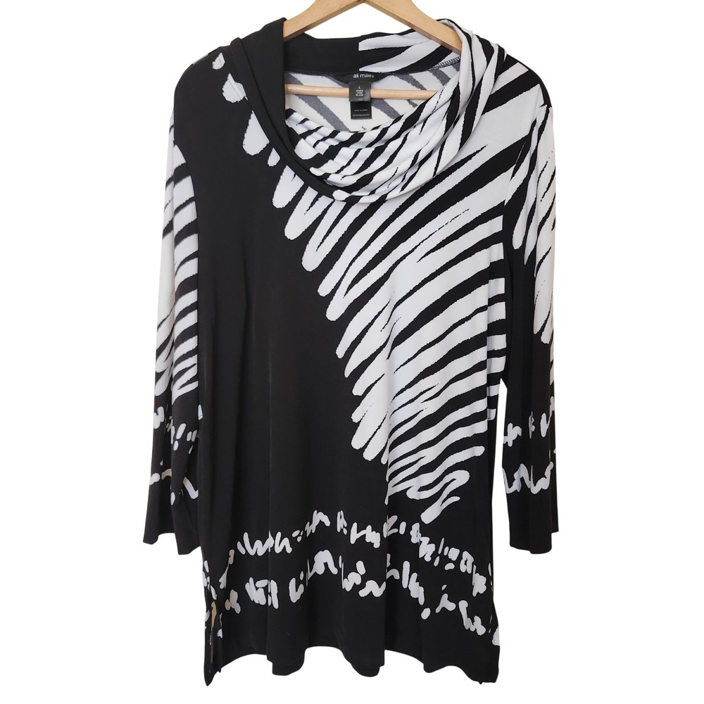 Ali Miles Cowl Neck Tunic L Abstract Art to Wear Lagenlook Black White Scribble
